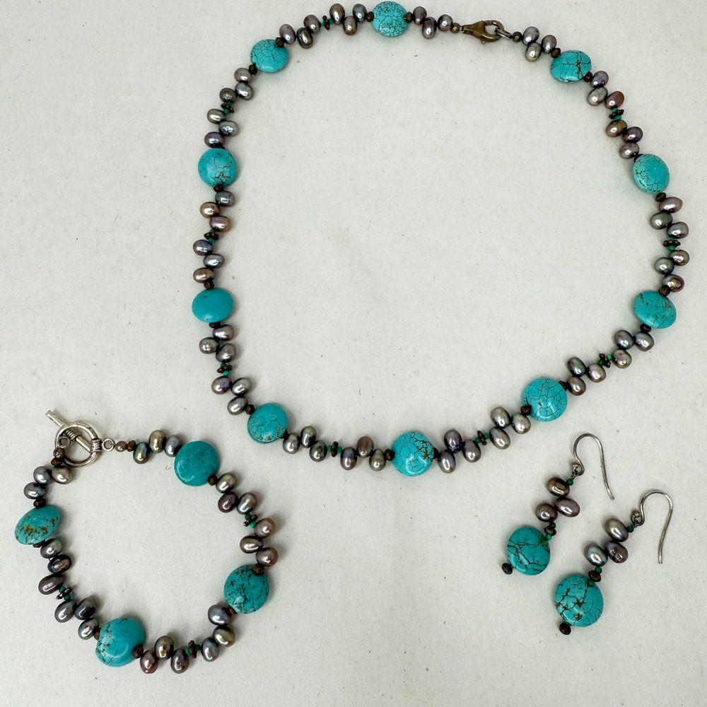 Peacock Pearl & Stone Necklace Bracelet Earrings Set Sterling Silver‎ Southwest
